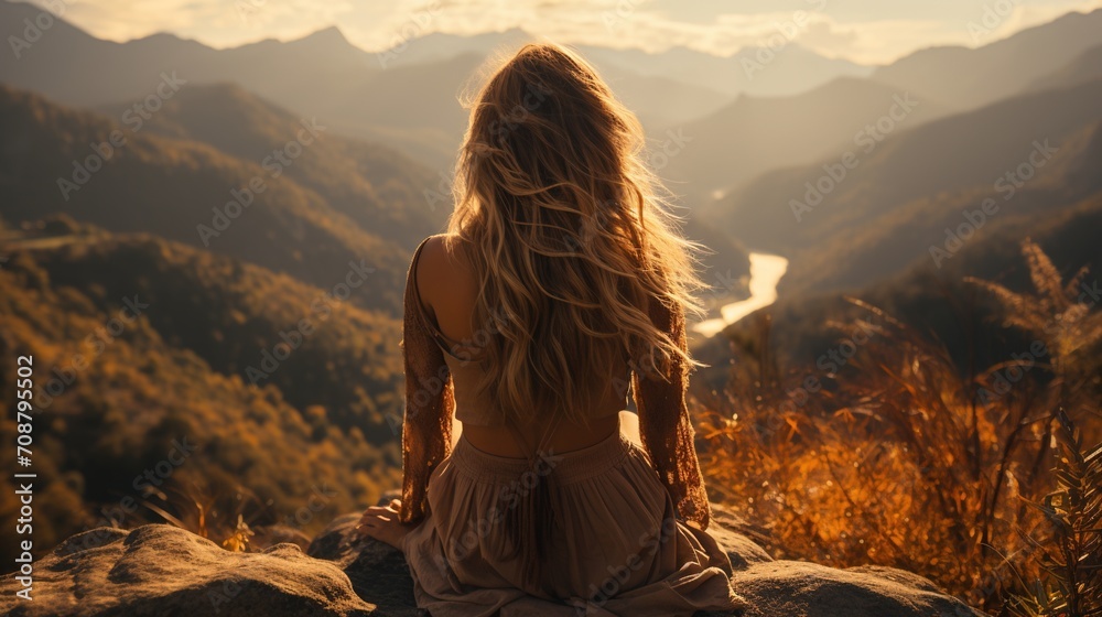 girl sitting on the rock and looking at the mountain view