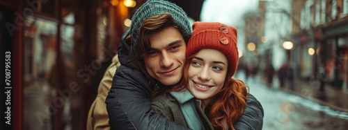 beautiful couple in love hugging each other in winter