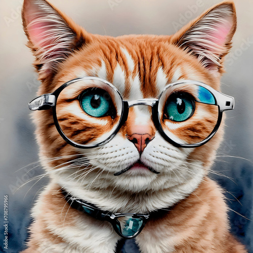 Orange and white cat, with blue-green eyes, with round glasses on a grayish white background