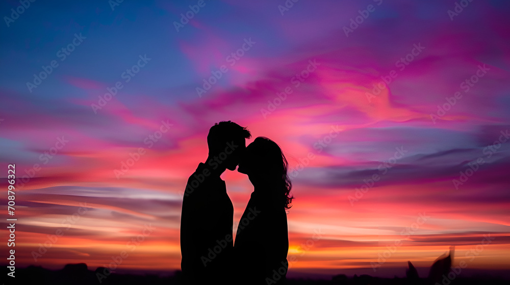 Silhouette of a couple sharing a kiss against a colorful sunset valentine's day 