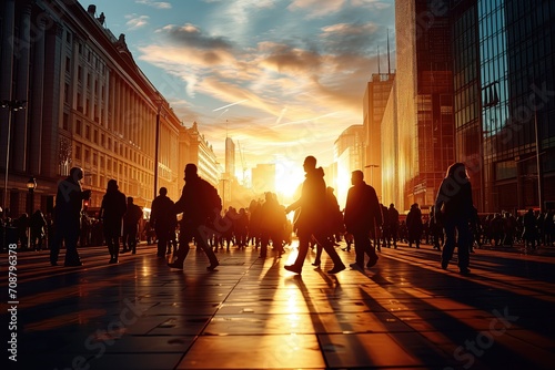 people walking in the city sunset