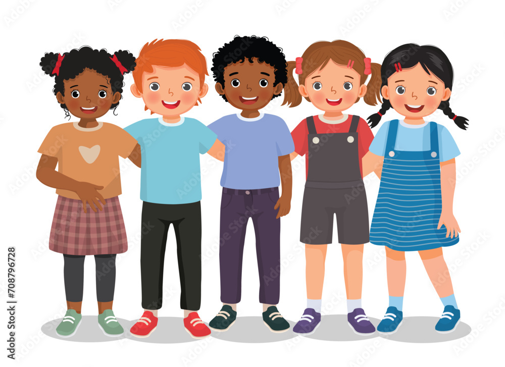 Group of happy kids standing together with arm around embracing friends
