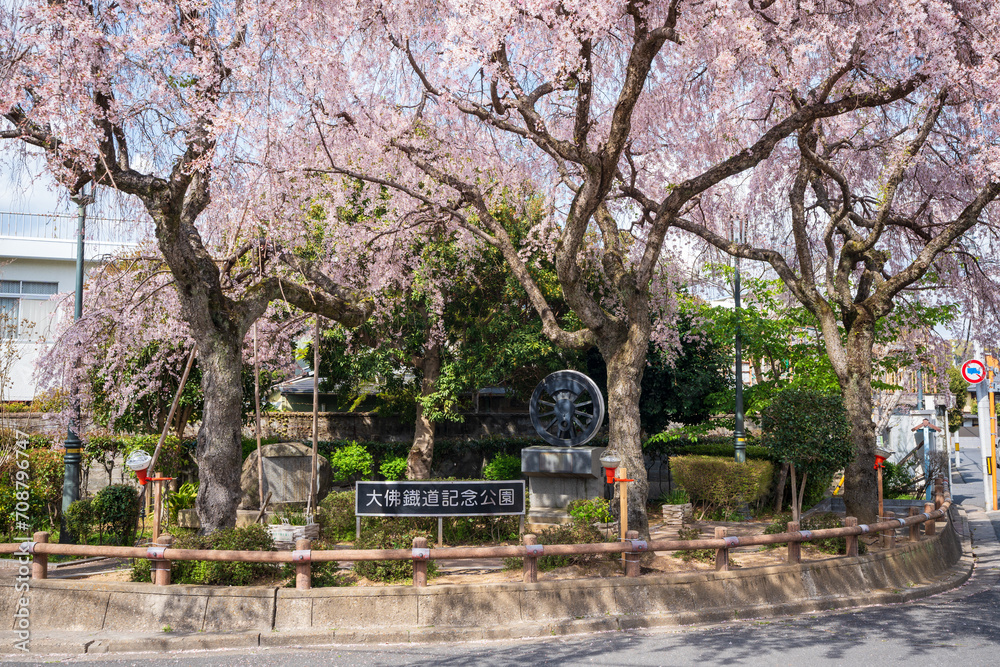 Nara, Japan - April 2, 2023 : Daibutsu Railway Memorial Park Cherry blossoms in full bloom. Nara, Japan - April 2, 2023 : Daibutsu Railway Memorial Park Cherry blossoms in full bloom.