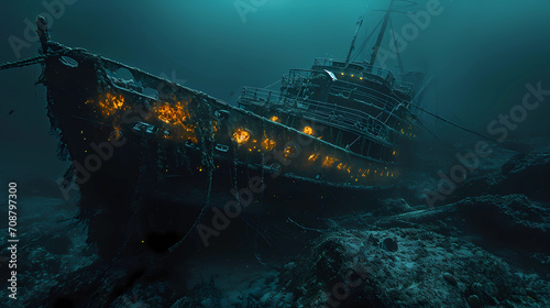 A sunken ghost ship resting at the ocean floor