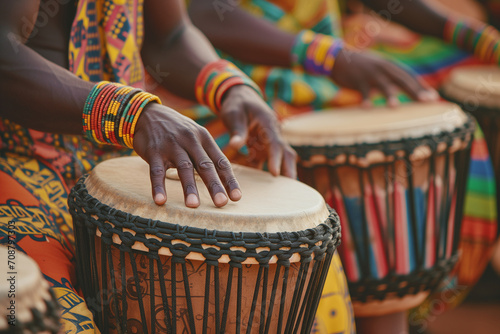 Scene of Musicians Playing Traditional African Instruments, Close-Up, Detail on Hands. photo