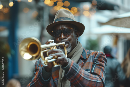 an African-American playing the trumpet in the street