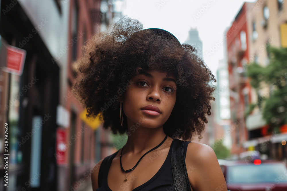 Portrait of an african american girl walking in the streets of new york. lifestyle concept.