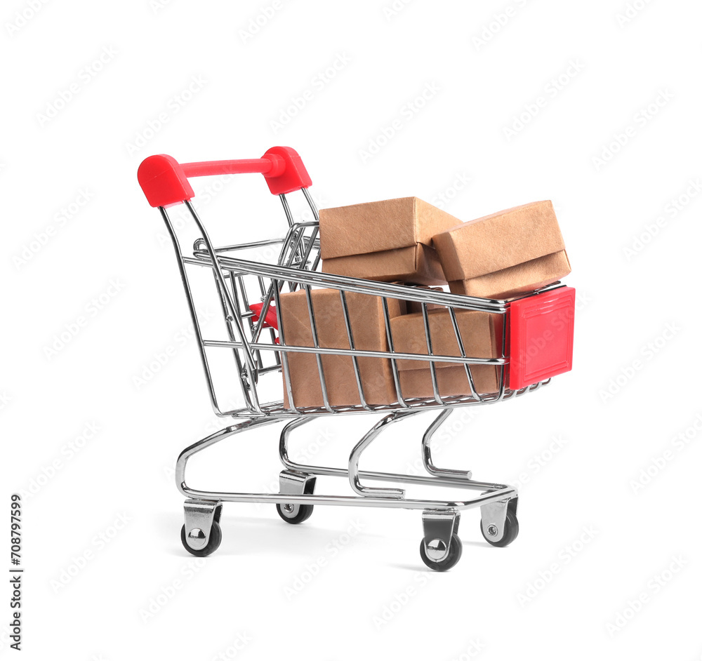 Small metal shopping cart with boxes isolated on white