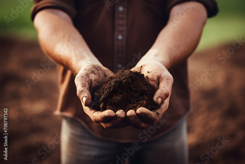 male farmer holding soil in his hands. Generative AI 