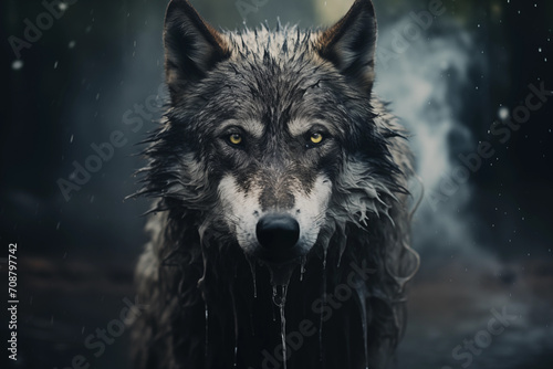 A fearless wolf staring straight at the camera in the woods dripping wet generative ai