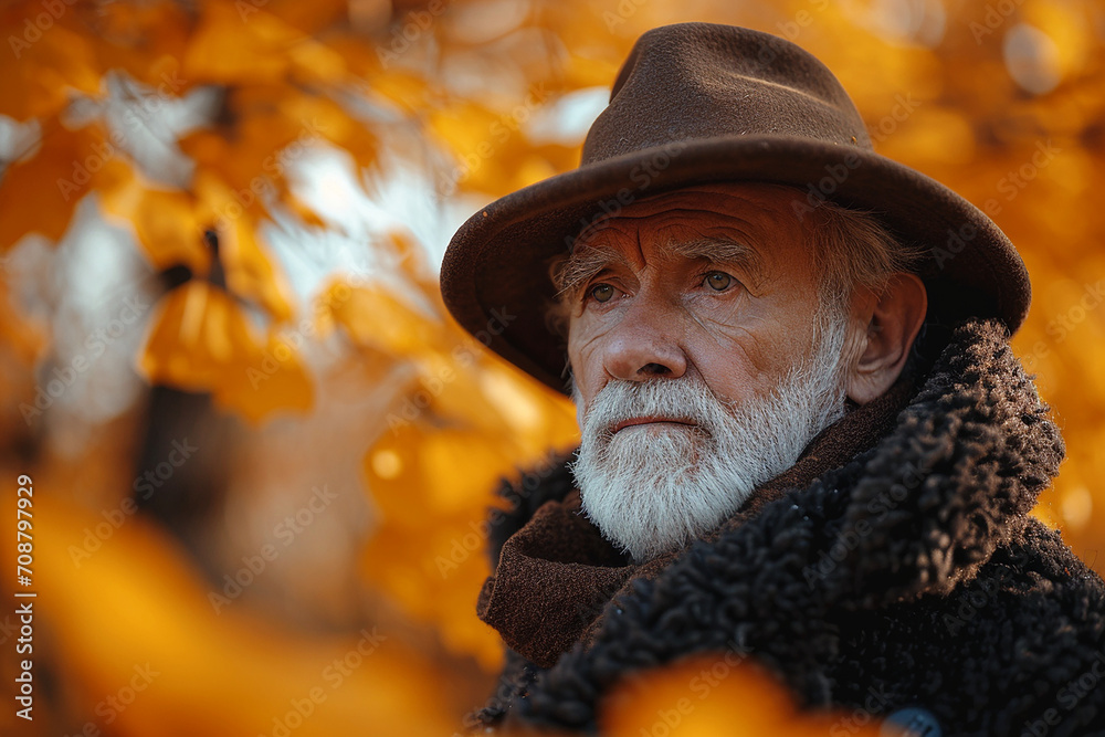 Portrait of an old man walking in a park - Autumn time - Generative AI