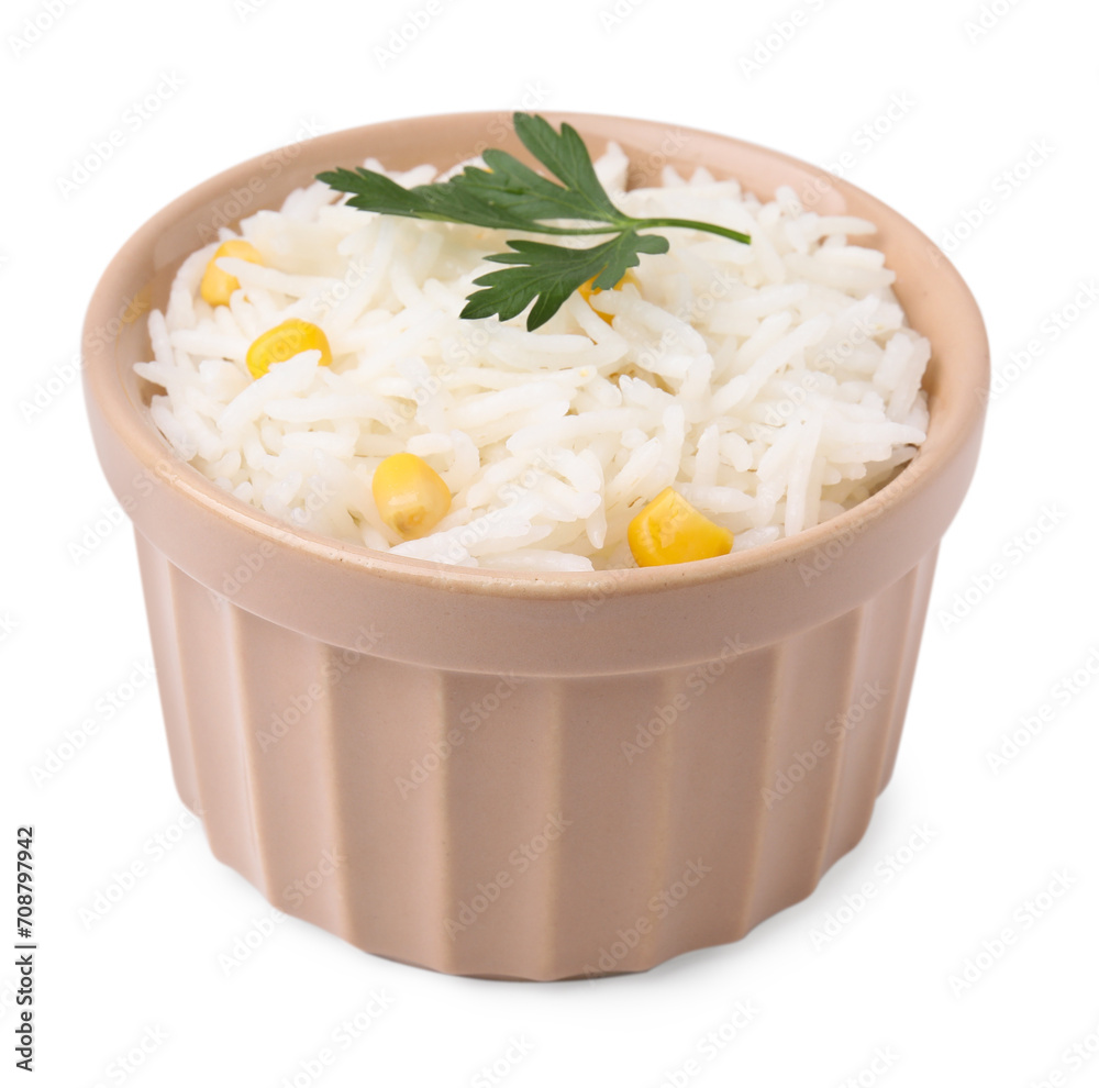 Delicious rice with corn kernels and parsley isolated on white Delicious rice with corn kernels and parsley isolated on white