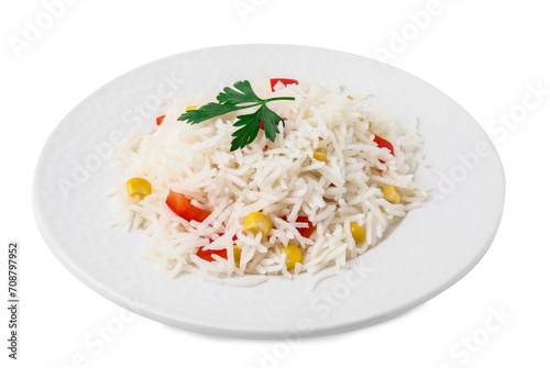 Delicious rice with vegetables and parsley isolated on white