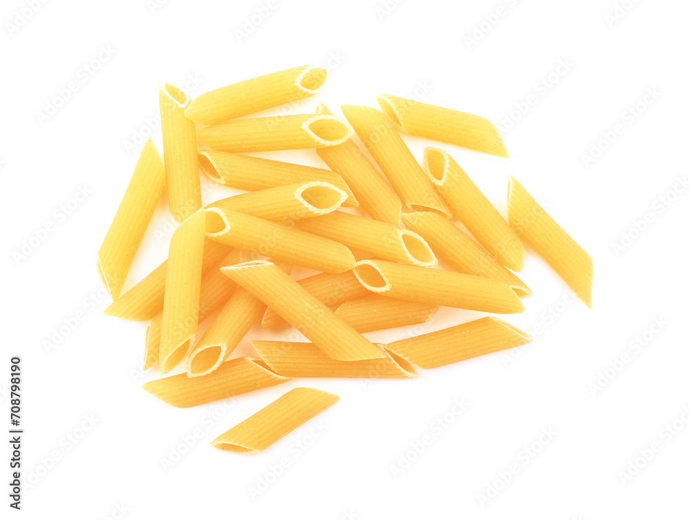 Pile of raw penne pasta isolated on white, top view Pile of raw penne pasta isolated on white, top view