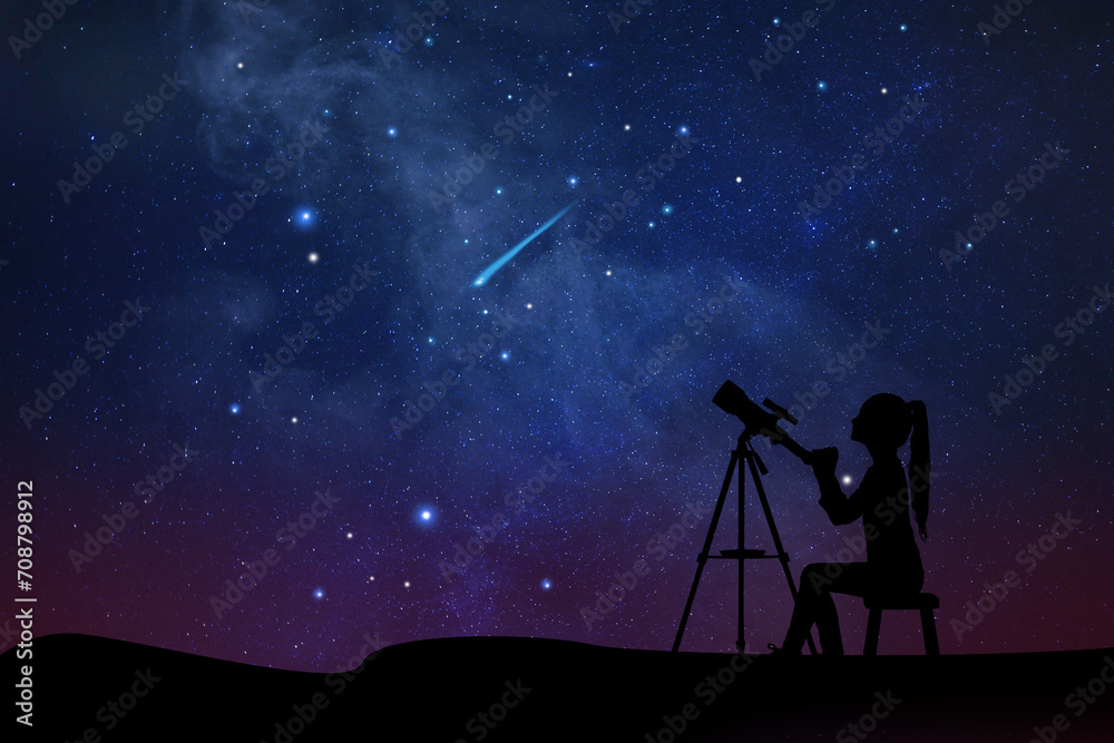 Astronomy. Silhouette of little girl with telescope at starry night outdoors. Space for text Astronomy. Silhouette of little girl with telescope at starry night outdoors. Space for text