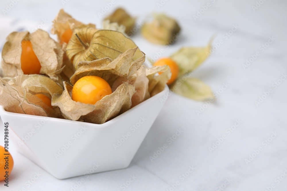 Ripe physalis fruits with calyxes in bowl on white marble table, closeup. Space for text Ripe physalis fruits with calyxes in bowl on white marble table, closeup. Space for text