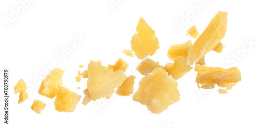 Tasty parmesan cheese falling on white background
