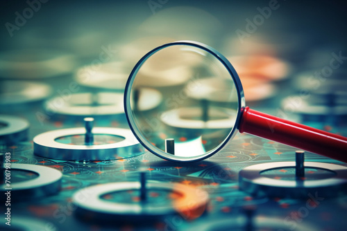 Magnifier glass focus to target, Magnifying glass on the circuit board background. 3d illustration.