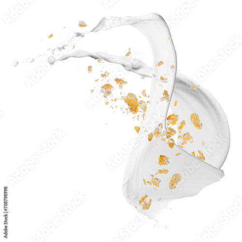 Rolled oats and milk splash isolated on white