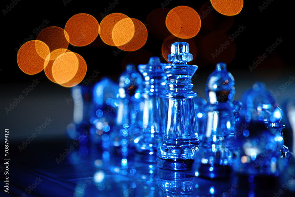 Chess Pieces and Board in Blue