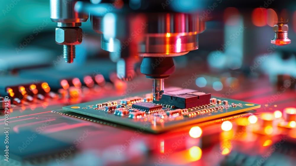 Silicon Die are being Extracted from Semiconductor Wafer and Attached to Substrate by Pick and Place Machine. Silicon Die are being Extracted from Semiconductor Wafer and Attached to Substrate by Pick and Place Machine.