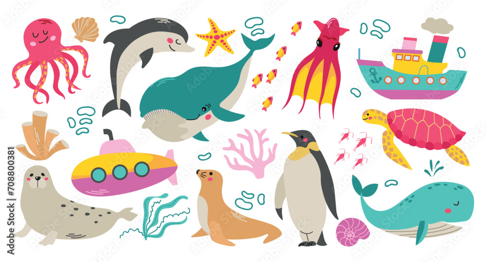 Obraz premium Set of sea and ocean animals turtle, squid, fishes, whale, octopus, submarine, ship, walrus, penguin, dolphin, plankton, clam, shell, sea lion,harp seal, corals, algae cartoon vector illustration