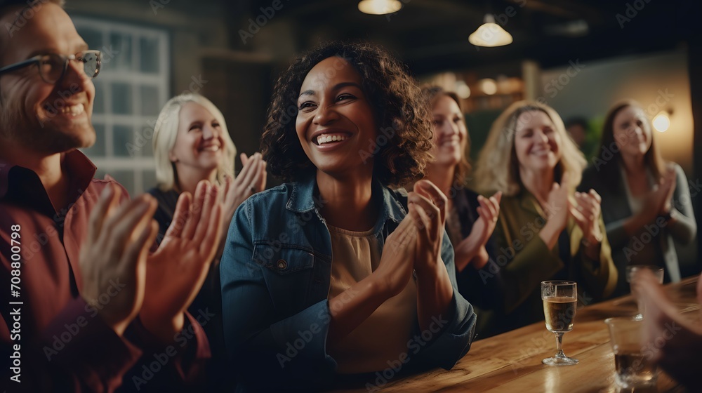 A Cheerful Woman Leads a Group's Applause in a Bright Conference Room A Cheerful Woman Leads a Group's Applause in a Bright Conference Room