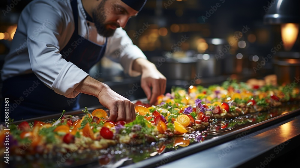 Chef carefully arranging appetizing food garnishes