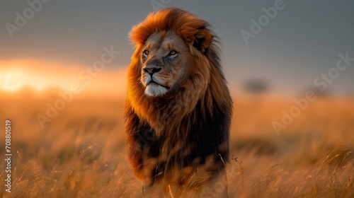 Regal Dusk: Majestic Lion Basking in the Golden Hour Light