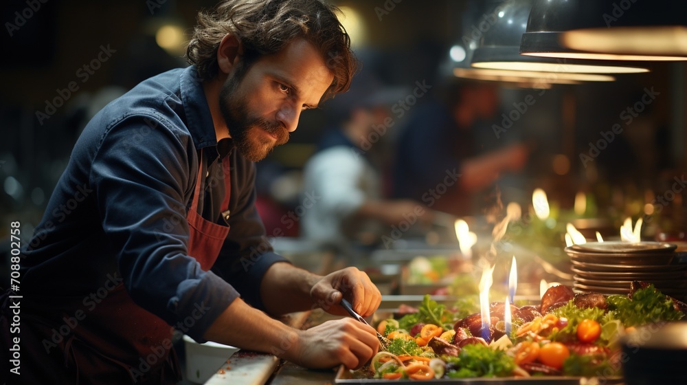 Focused male chef preparing a flaming dish in a busy restaurant kitchen