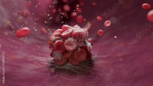 blood clot within artery, surrounded by flowing red blood cells. Realistic 3D rendering for educational and medical concept. photo