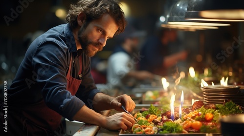 Focused male chef preparing a flaming dish in a busy restaurant kitchen photo