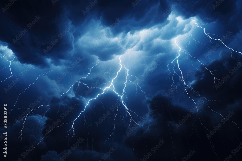 Lightning thunderstorm flash over the night sky.. Thunderous dark blue sky with clouds and flashing lightning. Weather, natural disaster, cataclysm concept. Hurricane, typhoon, tornado, storm Lightning thunderstorm flash over the night sky.. Thunderous dark blue sky with clouds and flashing lightning. Weather, natural disaster, cataclysm concept. Hurricane, typhoon, tornado, storm