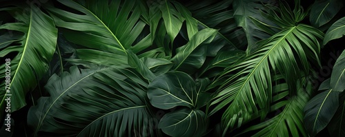 Closeup tropical forest plant. Floral botanical abstract background with dark green leaves texture. Exotic nature  rainforest. Houseplants and urban jungle concept