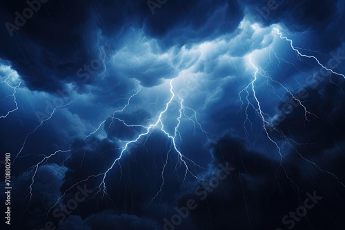 Lightning thunderstorm flash over the night sky.. Thunderous dark blue sky with clouds and flashing lightning. Weather, natural disaster, cataclysm concept. Hurricane, typhoon, tornado, storm