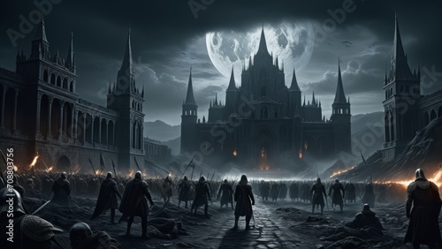 illustration of an epic fantasy battlefield with dark atmosphere