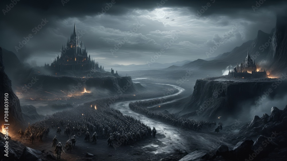 illustration of an epic fantasy battlefield with dark atmosphere - obrazy, fototapety, plakaty 