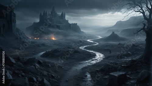 illustration of an epic fantasy battlefield with dark atmosphere photo