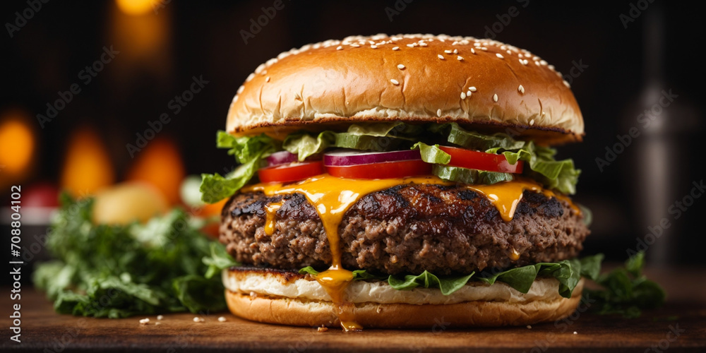  close-up shot of a perfectly grilled burger - obrazy, fototapety, plakaty 