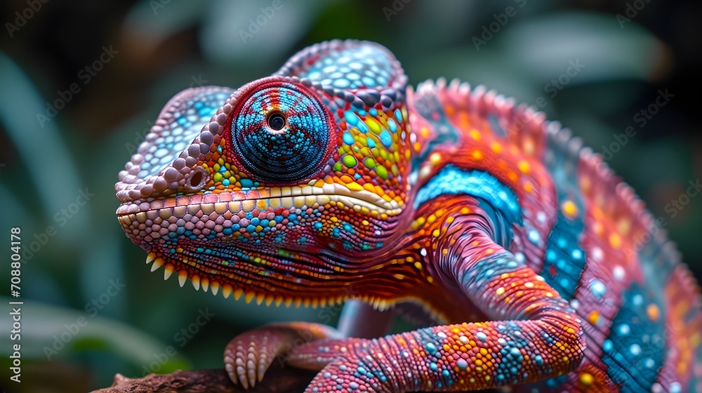 Nature's Palette: Colorful Chameleon on a Branch with Vibrant Skin Patterns Nature's Palette: Colorful Chameleon on a Branch with Vibrant Skin Patterns