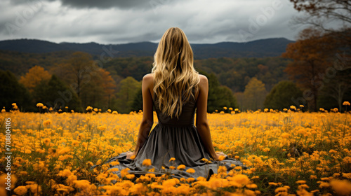 Young woman sitting on field amid yellow flowers