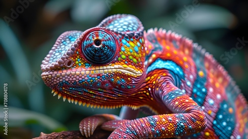 Nature's Palette: Colorful Chameleon on a Branch with Vibrant Skin Patterns © Armen Y
