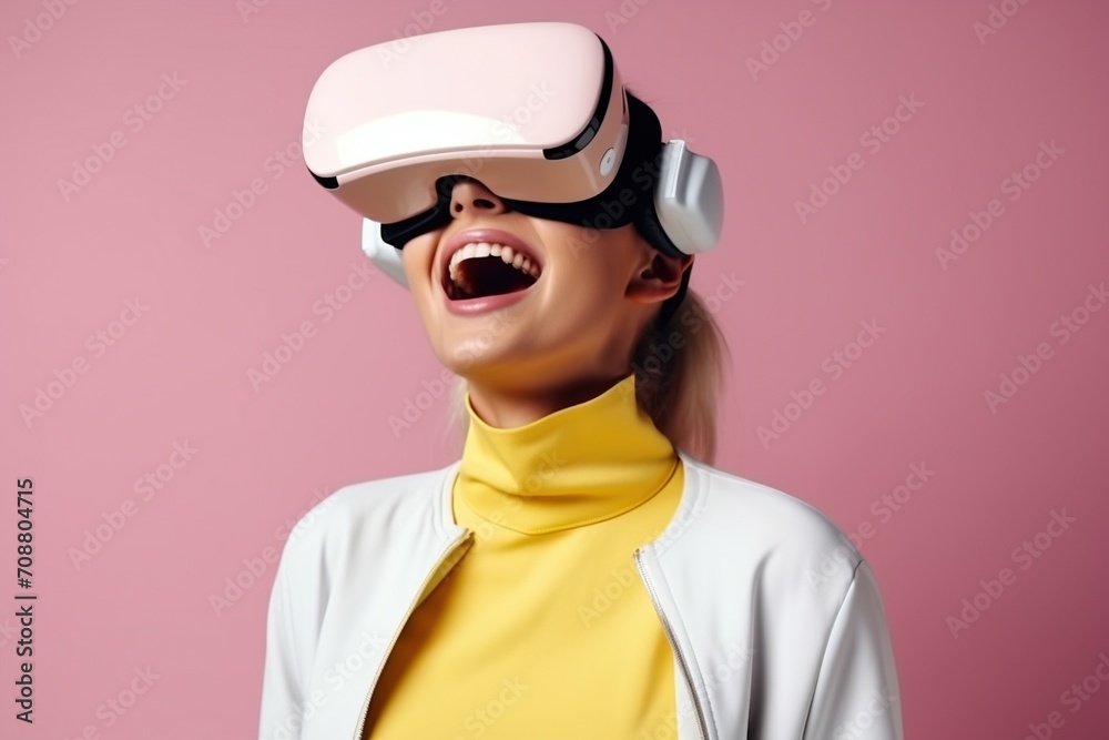 A woman wearing a virtual reality headset and laughing, A woman wearing a virtual reality headset and laughing,
