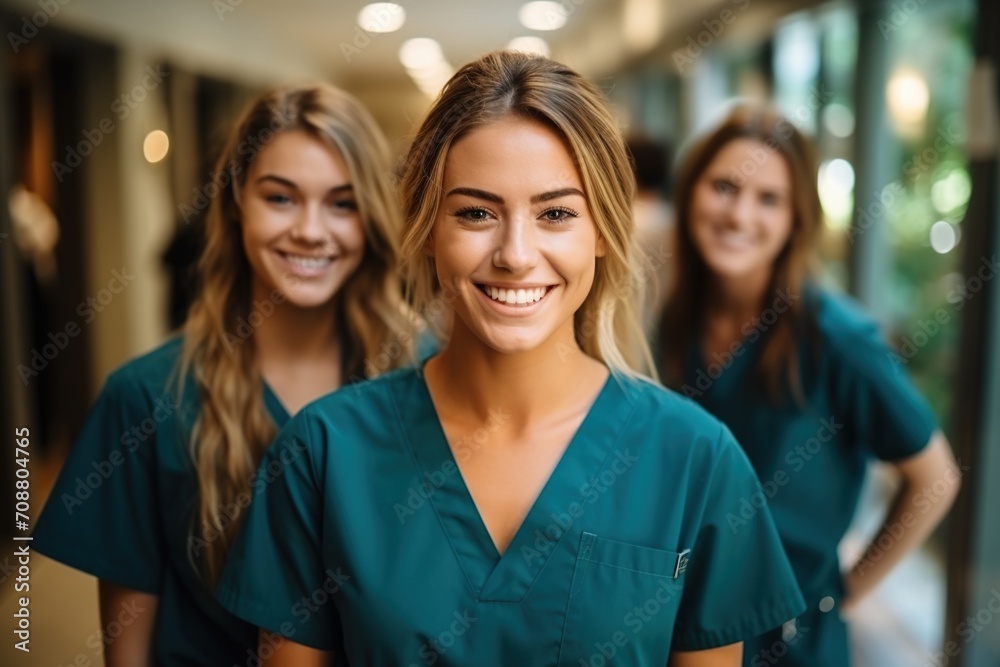 Three young female nurses in green scrubs smiling at the camera Three young female nurses in green scrubs smiling at the camera