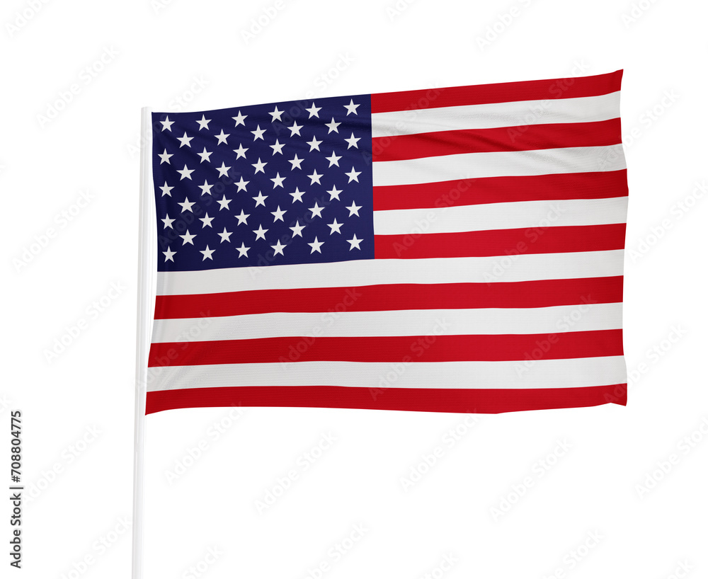 Fototapeta premium Waving flag of United States in white background. United States flag on flagpole for independence day.