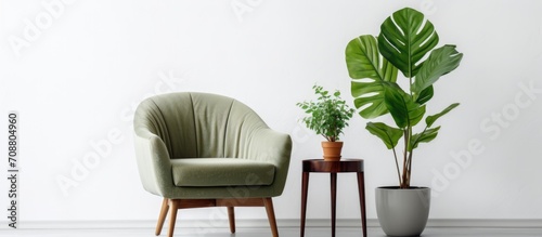 Green armchair, small table, and plant in a white room.