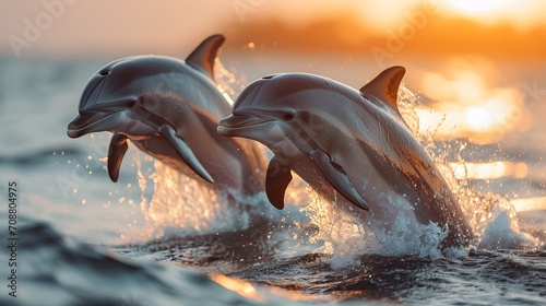 Sunset Frolic: Dolphins Joyfully Leaping Out of Water at Dusk © Armen Y