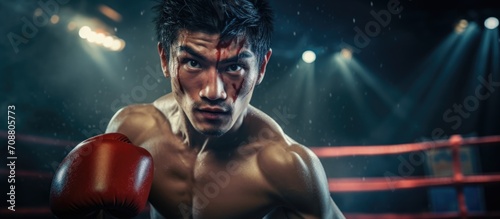 Muai Thai athlete fights in the boxing ring during training in a combat sport.
