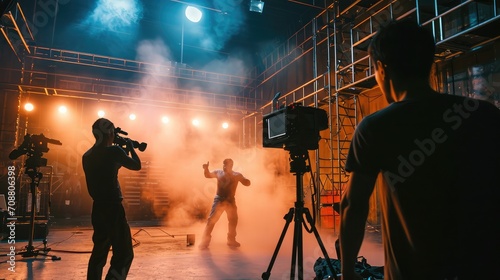 Director watching actors playing fight scene while shooting movie on stage set