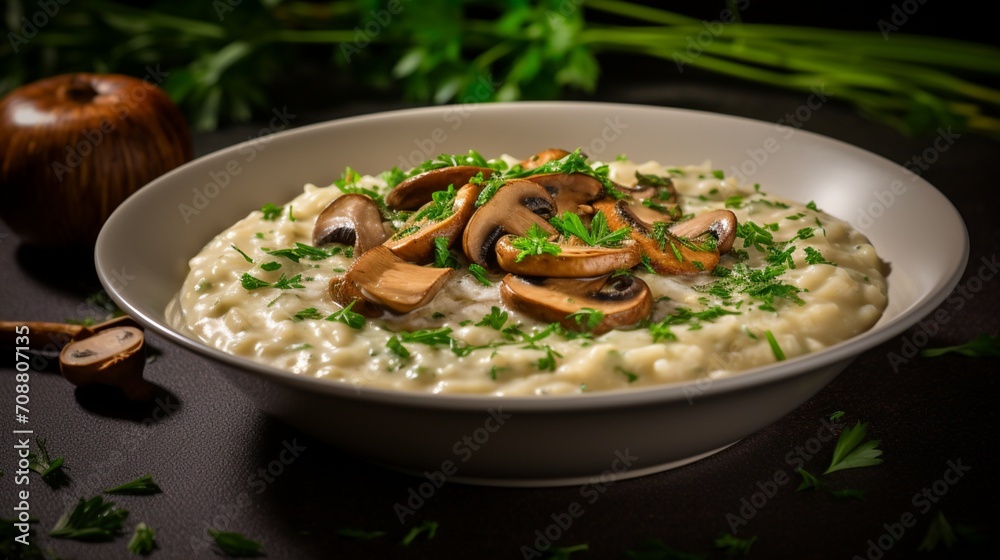 A bowl of creamy risotto with mushrooms, garnished with fresh parsley.